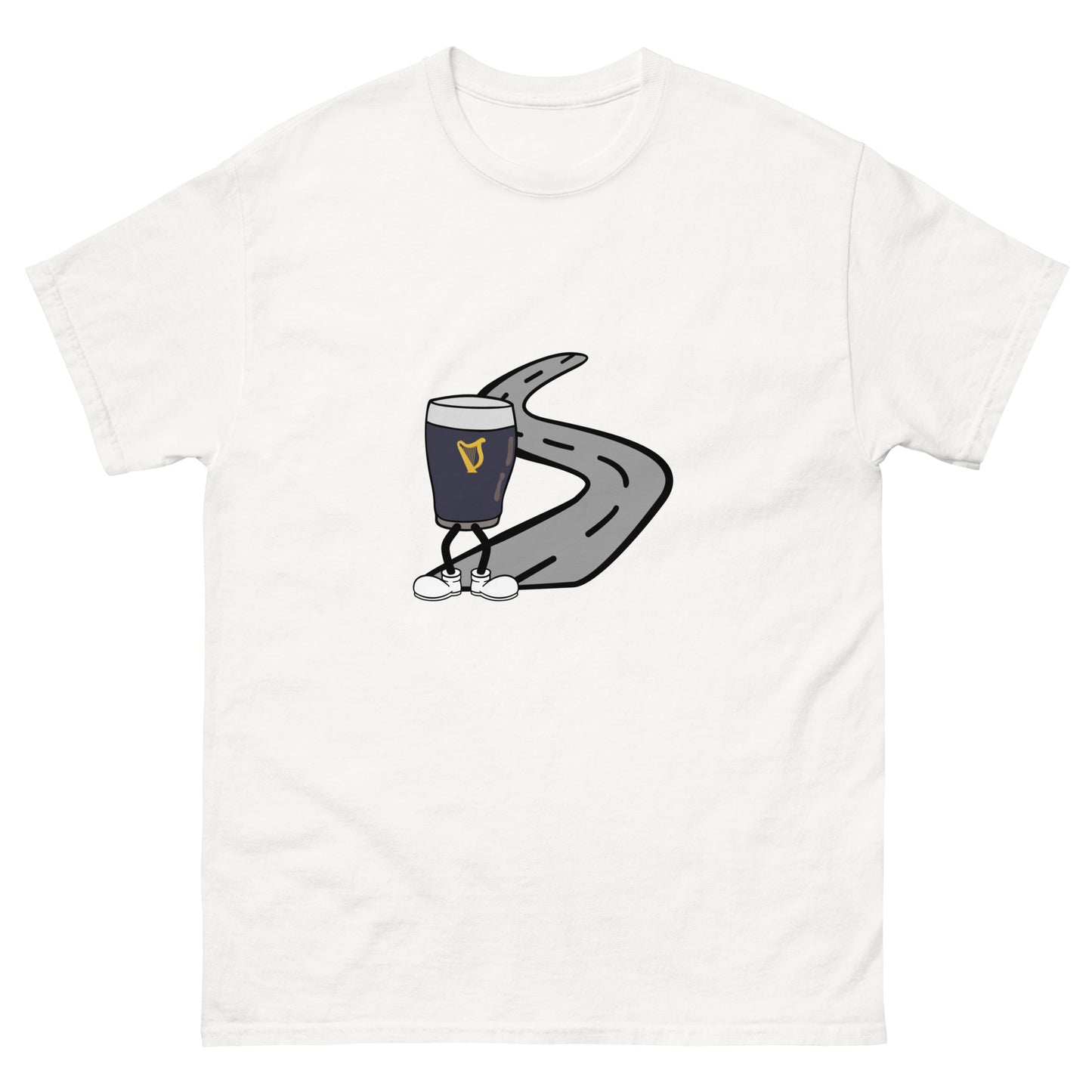 White unisex t-shirt with cartoon pint walking down a road – funny Irish design inspired by “One for the Road” saying