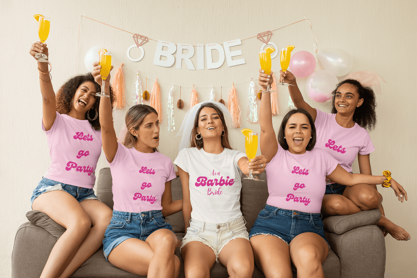 Party Vibes T‑Shirt – Barbiecore Hen Party Tee, Girls Trip Matching Tee, Bridal Squad Top UK & Ireland - FunPrint4You
