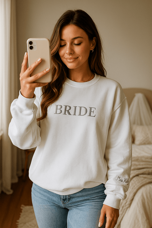 Embroidered Bride Jumper – Custom Sleeve Bridal Sweater UK & Ireland - FunPrint4You