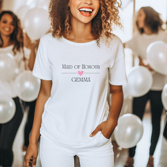 Maid of Honour T-Shirt with Name | Personalised Hen Party Top | Wedding Morning Shirt | Custom Bridal Party Gift | UK & Ireland - FunPrint4You