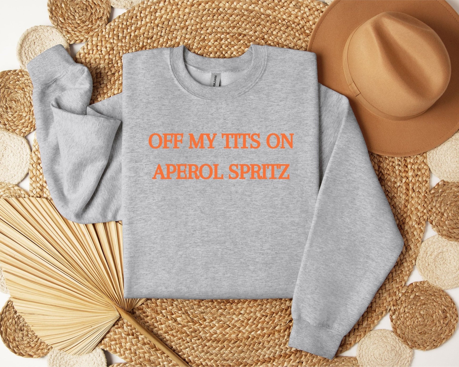 Funny summer sweatshirt with bold Aperol-inspired slogan, perfect for girls’ holidays and brunch in the UK or Ireland