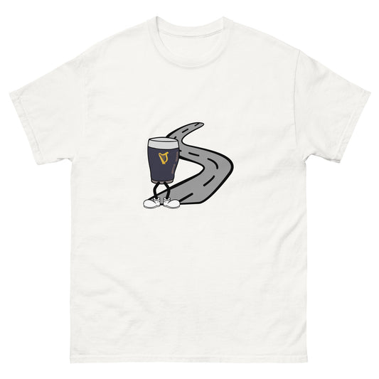 White unisex t-shirt with cartoon pint walking down a road – funny Irish design inspired by “One for the Road” saying